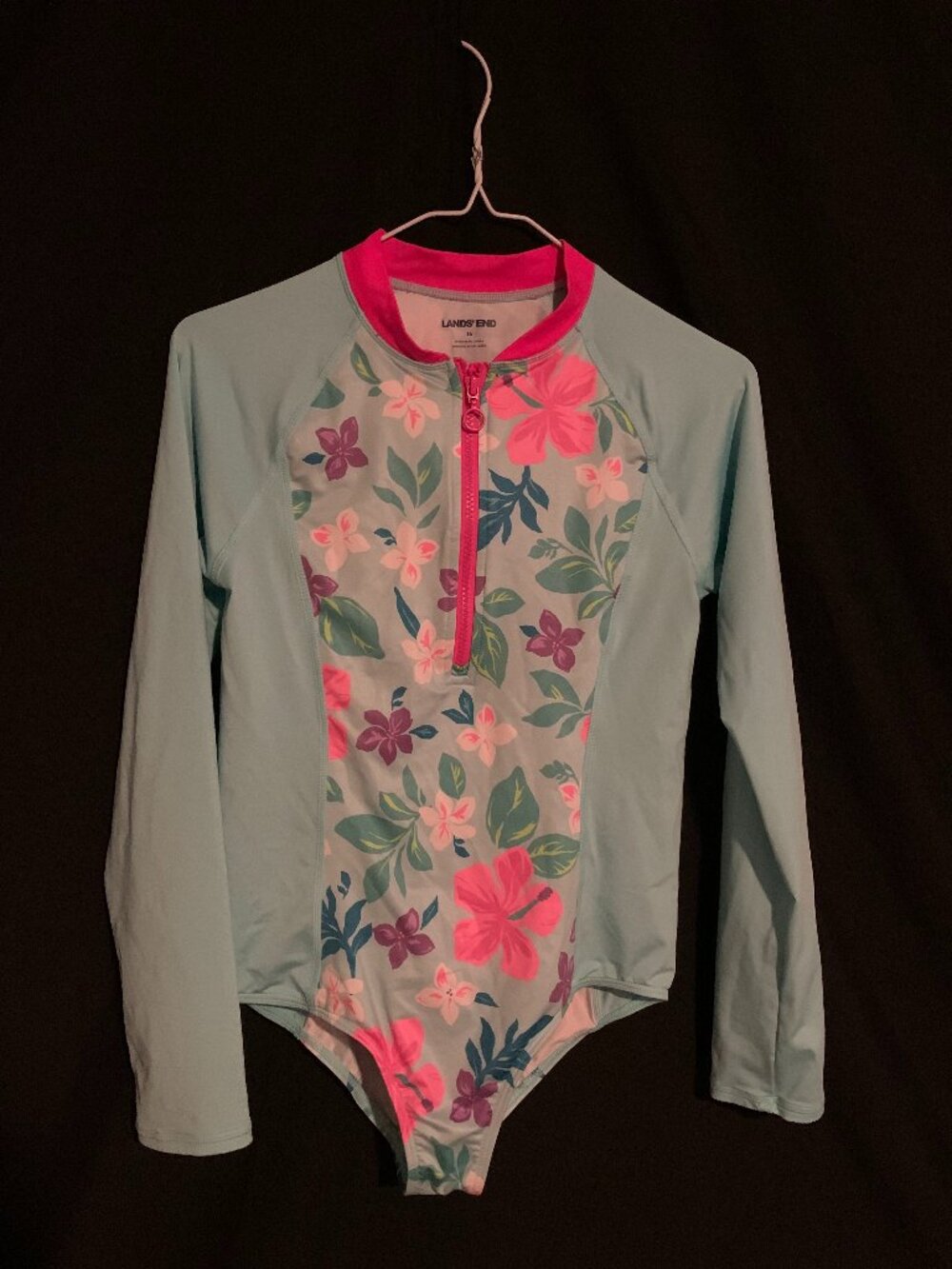 Lands' End Floral Long‑Sleeve One‑Piece Swimsuit — Zip Front with Pink Trim
